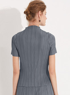 Half Turtle Neck Solid Pleated T-Shirt