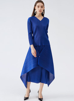 Solid V-Neck Long Sleeve Pleated Top Irregular Skirt Suits