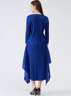 Solid V-Neck Long Sleeve Pleated Top Irregular Skirt Suits