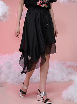Black Drawstring Irregular Mesh Skirt