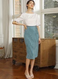Casual Solid High Waisted Sheath Pleated Skirt