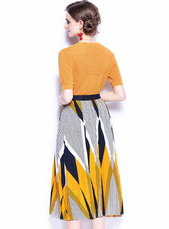 Yellow Half Sleeve Plaid A Line Midi Skirt Suits