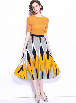 Yellow Half Sleeve Plaid A Line Midi Skirt Suits