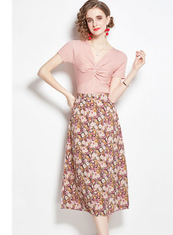 V-neck Front Tie Knit Top & A Line Floral Midi Skirt