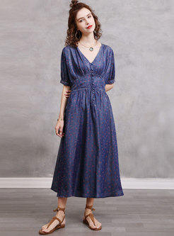 Print V-Neck Half Sleeve Cinched Waist Denim Dress