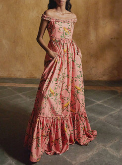 Vintage Off-The-Shoulder Floral Ruffle Maxi Dress