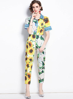 Sunflower Print Turn-Down Collar Top Skinny Pant Suits