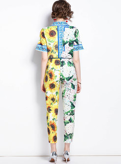 Sunflower Print Turn-Down Collar Top Skinny Pant Suits