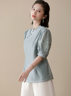 Retro Solid Puff Sleeve Cinched Waist Blouse
