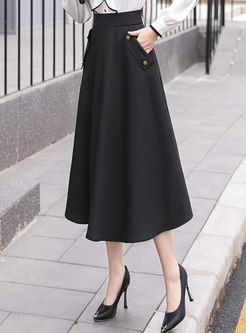 Black Pocket Zipped A-Line Midi Skirt