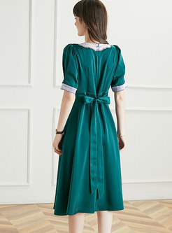 Short Sleeve Lace Patchwork A Line Midi Dress