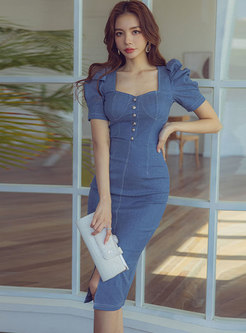 Square Neck Puff Sleeve Denim Bodycon Skirt Suits