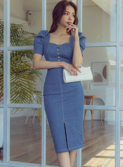 Square Neck Puff Sleeve Denim Bodycon Skirt Suits