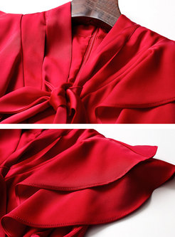Red Mock Neck Ruffle Sleeve A Line Dress