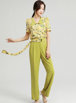 Floral Turn-Down Collar Top Chiffon Long Pant Suits