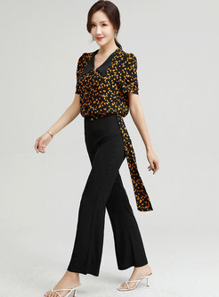 Floral Turn-Down Collar Top Chiffon Long Pant Suits