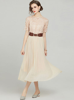 Apricot Lace Patchwork Chiffon Pleated Dress With Belt