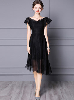 Black V-Neck Lace Irregular Cocktail Dress