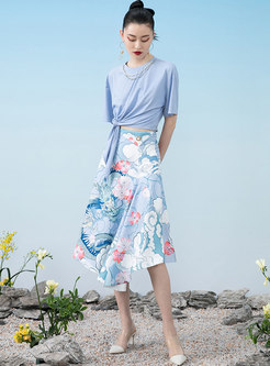 Artsy Blue Print Irregular Midi Skirt