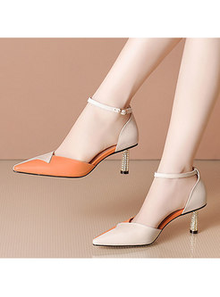 Color Blocked Leather Both Side Cut Out High Heel Sandals