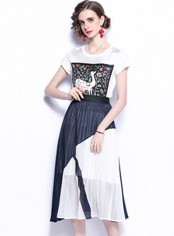 Chic Print T-Shirt Color Block Pleated Skirt Suits