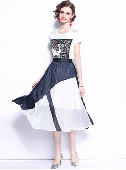Chic Print T-Shirt Color Block Pleated Skirt Suits