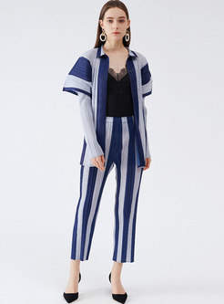Turn-Down Collar Cover-Up Top Striped Pant Suits