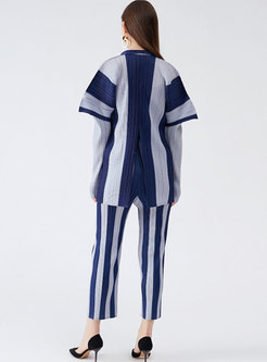 Turn-Down Collar Cover-Up Top Striped Pant Suits