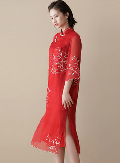 Vintage Half Sleeve Embroidered Cheongsam Shift Dress