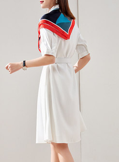 Turn-down Collar Belted Shirt Dress With Scarf