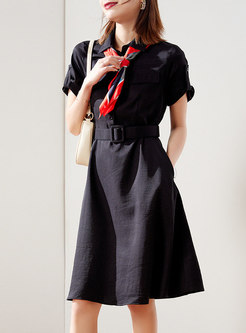 Turn-down Collar Belted Shirt Dress With Scarf