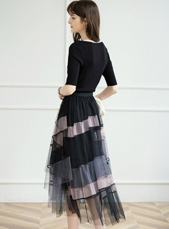 Black Pullover Knit Top & Mesh Striped Maxi Skirt
