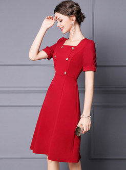Wine Red Square Neck A Line Cocktail Dress