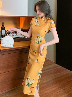 Orange Print Midi Cheongsam Bodycon Dress