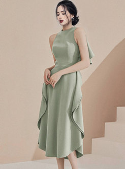 Light Green Sleeveless Cut Out Back Ruffle Irregular Dress