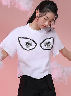 White Crew Neck Embroidered Cotton T-shirt