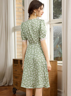 V-neck Lace Patchwork Print A Line Dress