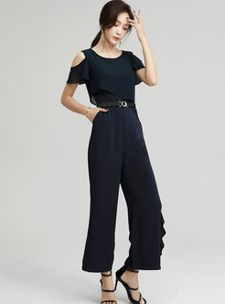 Solid Cold Shoulder Ruffle Belted Thin Jumpsuits