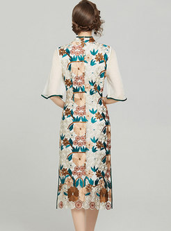 Stylish Patchwork Half Sleeve Embroidered Cheongsam Dress
