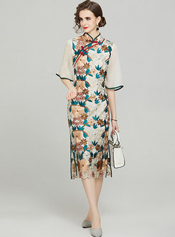 Stylish Patchwork Half Sleeve Embroidered Cheongsam Dress
