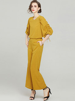 Crew Neck 3/4 Sleeve Top Breathable Wide Leg Pant Suits