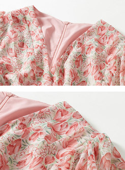 V-Neck Cap Sleeve Floral Ruffle Irregular Peplum Dress