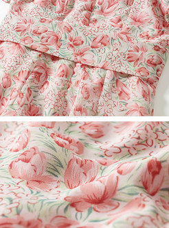 V-Neck Cap Sleeve Floral Ruffle Irregular Peplum Dress