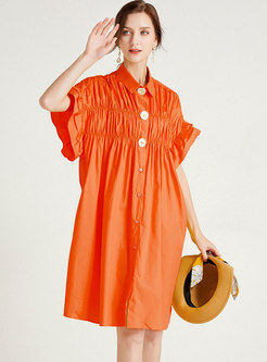Solid Cap Sleeve Single-Breasted Smocked Shift Dress