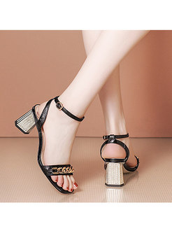 Square Toe Block Heel Chain Embellished Sandals