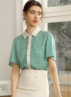 Turn-down Collar Plaid Single-breasted Blouse