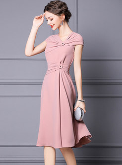 Elegant Pink Cap Sleeve Knot Skater Dress