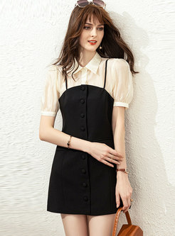 Brief Short Sleeve Blouse & Black Mini Slip Dress