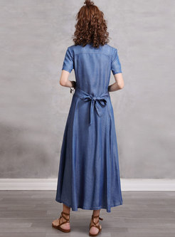 Turn-down Collar Embroidered Denim Maxi Dress