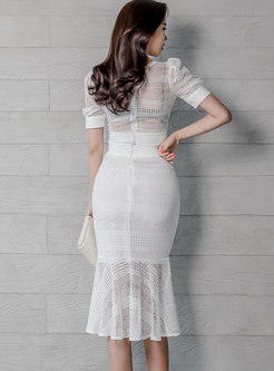 White Square Neck Puff Sleeve Lace Peplum Skirt Suits